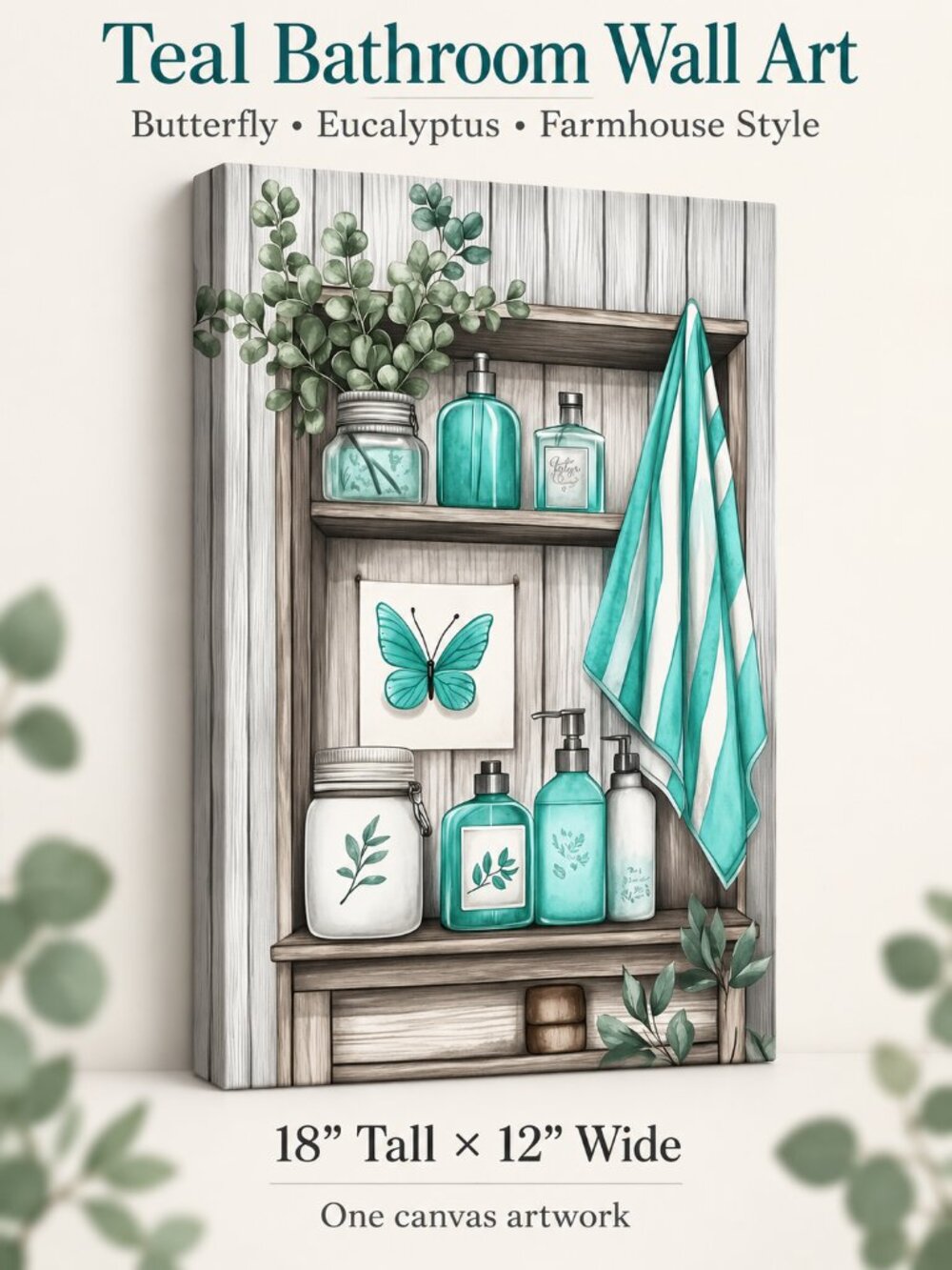 Teal Bathroom Canvas Wall Art 18x12 Butterfly Eucalyptus Farmhouse Decor